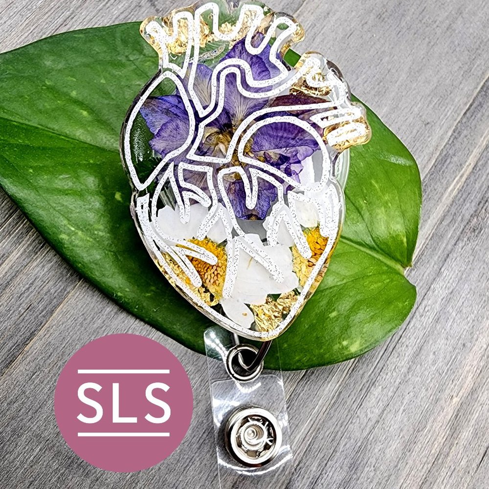 Purple Floral Heart Badge Reel-Anatomical Heart Badge Reels-Badge Reel Nurse Hea